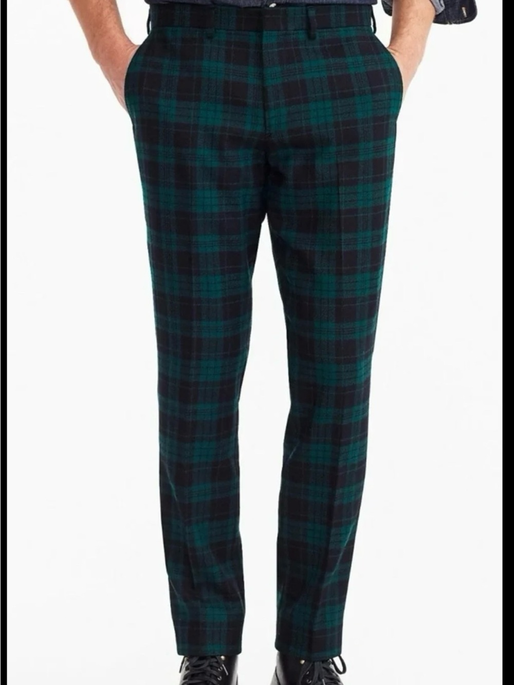 J.Crew Bowery Slim Pant in Wool Tartan 33x 32 Black Green